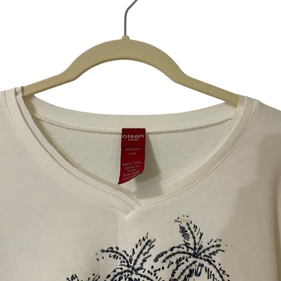 Olsen Europe Cream Floral Palm Tree Tee Large? Sequins 3/4 Sleeves Cotton - Picture 2 of 8